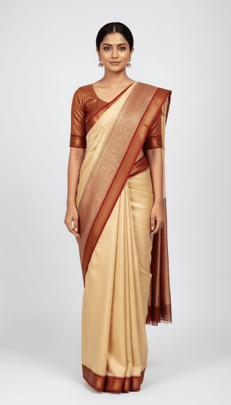 A woman wearing a cream silk saree with a woven maroon and gold border