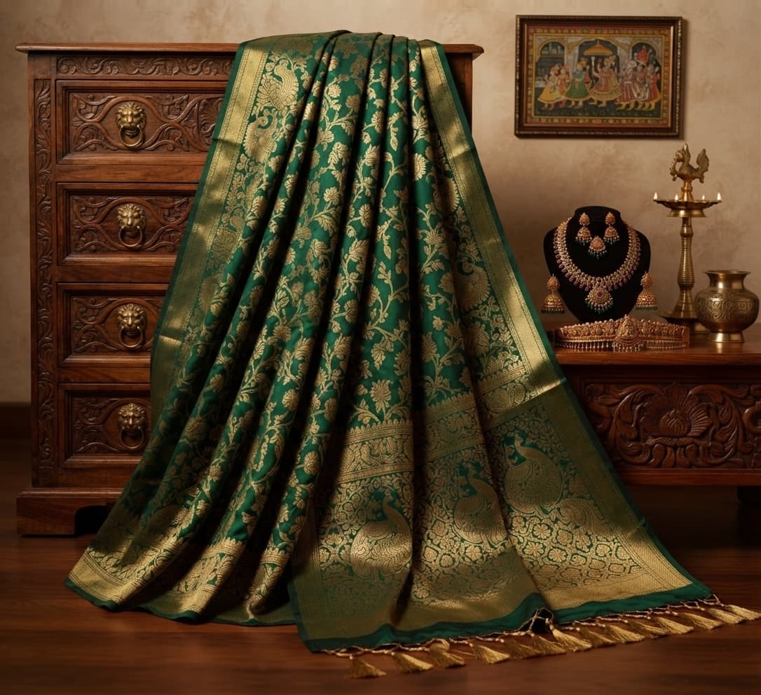 An emerald Banarasi silk saree with gold buttis