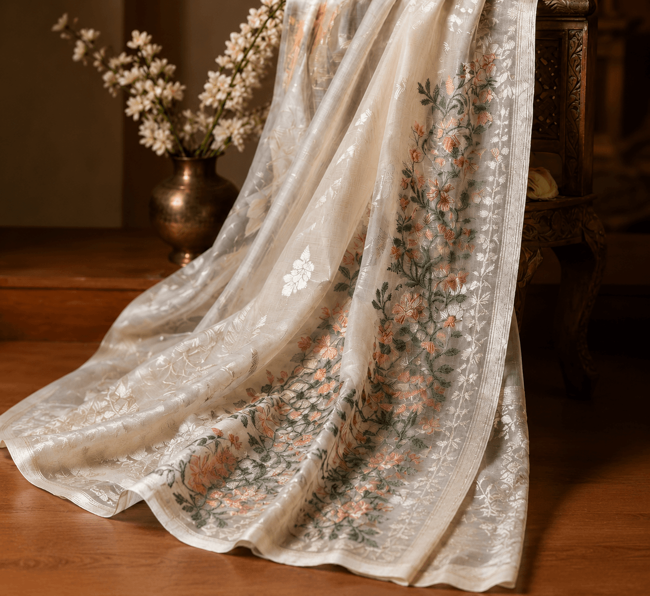 Fine linen-tissue cloth with delicate embroidered floral vines