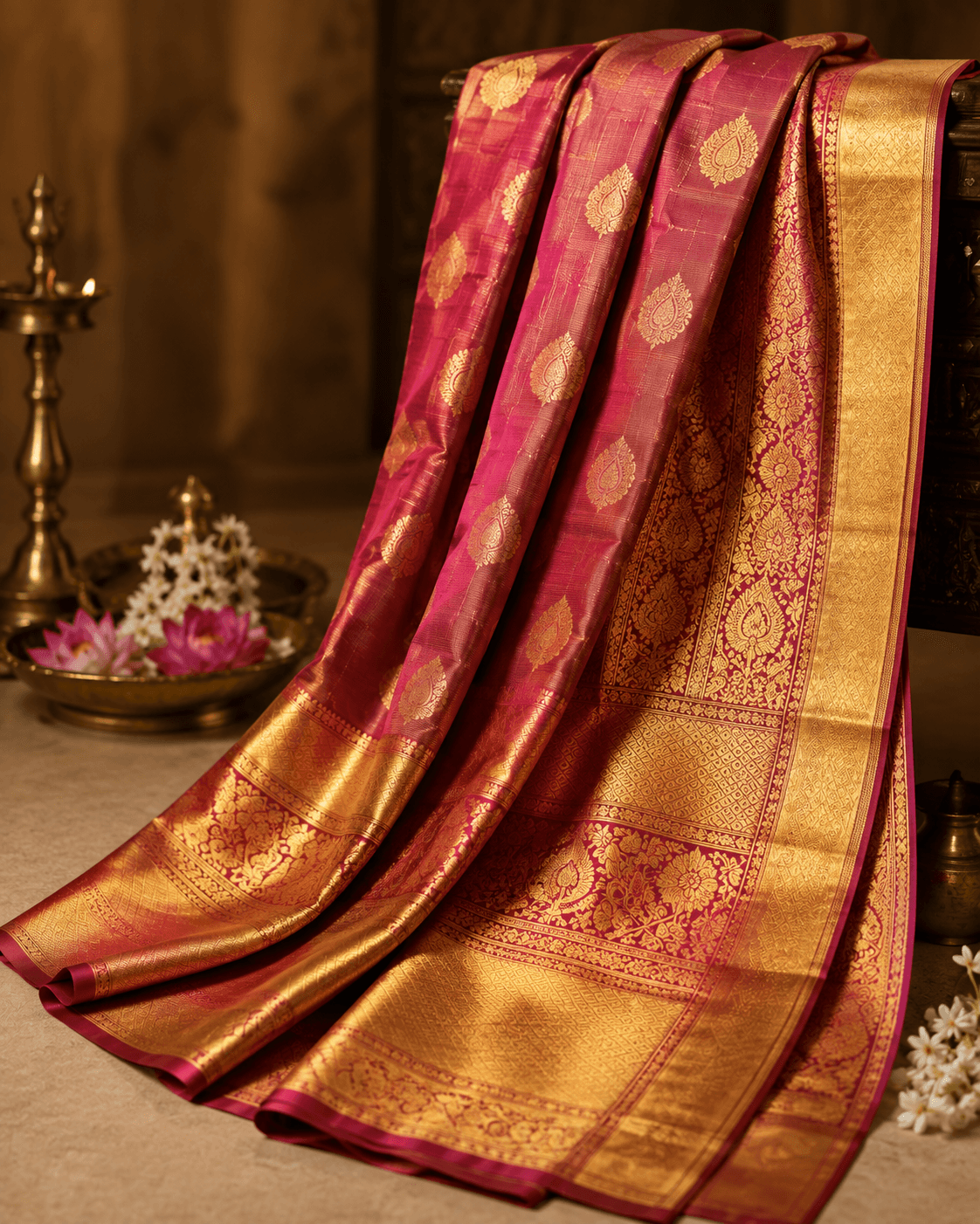 Close-up of a wine and gold Kanjivaram silk pallu